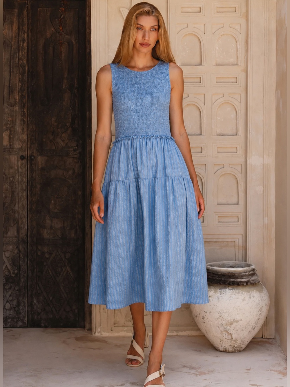 Time & Tru Blue Striped Smocked Midi Maxi Dress Sleeveless Plus 2-XL NWOT